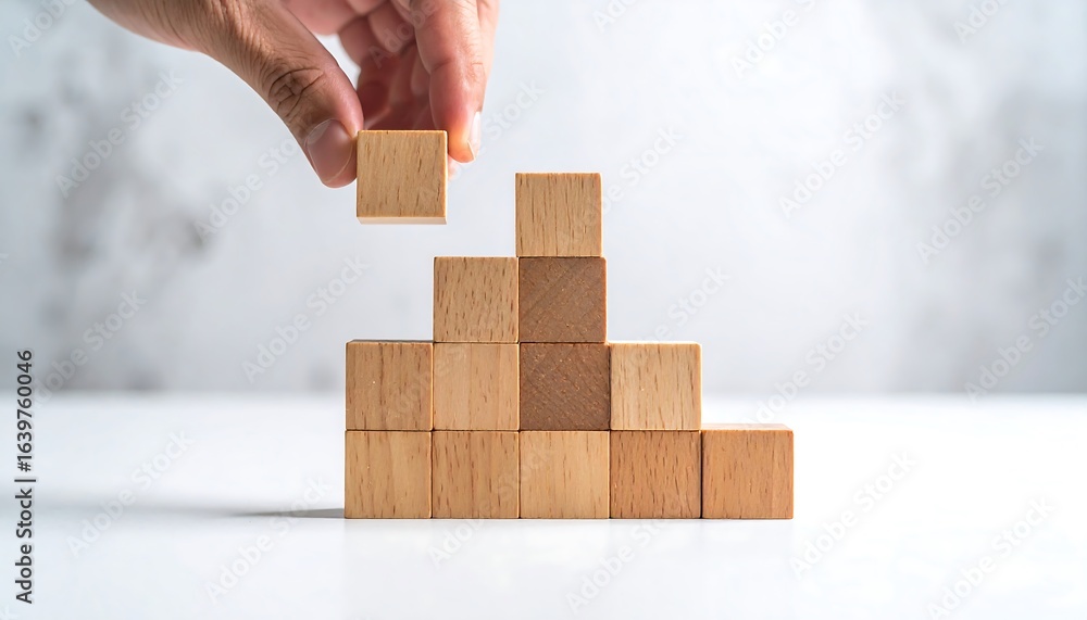 Poster wooden blocks arranged in a step pattern.