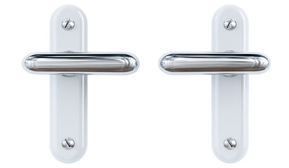 Two white door handles, chrome-toned bar, oval design, with small screws