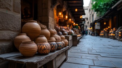 Traditional Marketplace with Clay Pots and Lanterns in an Ancient City at Dusk