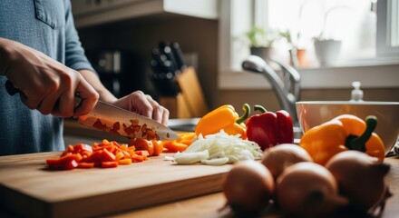 Woman chopping fresh colorful bell peppers and onions on a wooden cutting board in a bright kitchen