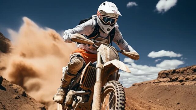 A skilled dirt bike rider navigates through a sandy landscape, expertly maneuvering around obstacles while kicking up dust. The vibrant blue sky adds to the excitement of the ride