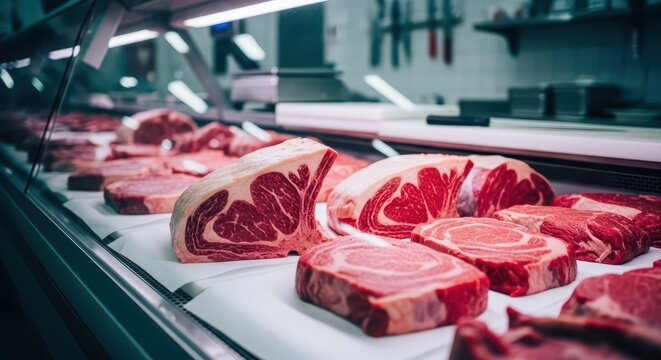 Fresh raw beef cuts neatly arranged in a refrigerated glass display case at a butcher shop - Powered by Adobe