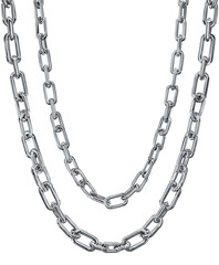 Two layered, thick silver chains draped around a neck