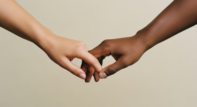 Two diverse hands with different skin tones gently interlocking fingers, symbolizing unity