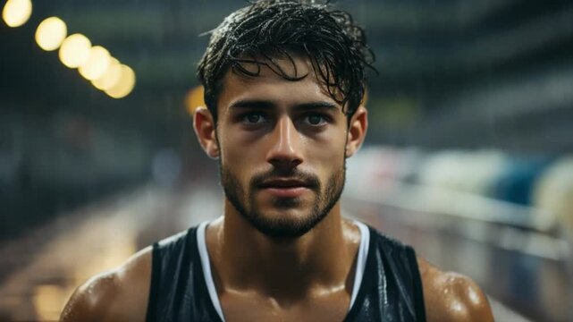Dedicated athlete shows determination while training in the rain at a stadium during the late evening. Focused expression highlights commitment to improvement