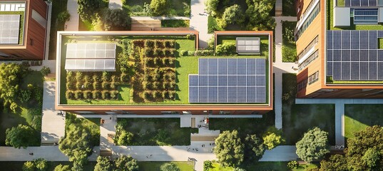 Aerial view of rooftops with solar panels and green spaces in an urban environment on a sunny day