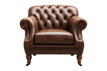 Luxury vintage brown leather armchair isolated on transparent background