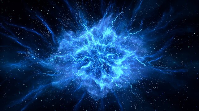 Blue celestial explosion with radiating energy & lightning-like bolts, against a dark backdrop