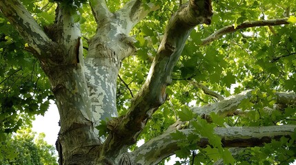 Fototapeta premium Majestic Sycamore Trees: Iconic Species with Large, Lobed Leaves, Smooth White Bark, and Spreading Canopies, Thriving in Urban Parks, Woodlands, and Riverbanks, Capturing Natural Beauty for Botanical 