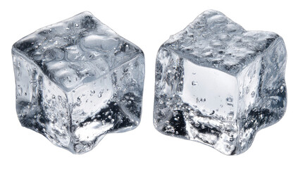 Obraz premium Two clear ice cubes, close-up, isolated on black