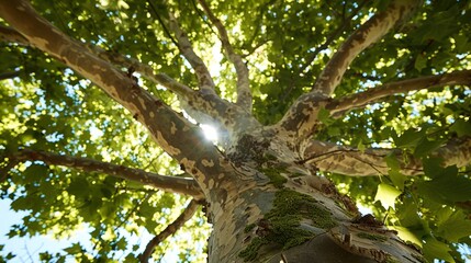 Fototapeta premium Majestic Sycamore Trees: Iconic Species with Large, Lobed Leaves, Smooth White Bark, and Spreading Canopies, Thriving in Urban Parks, Woodlands, and Riverbanks, Capturing Natural Beauty for Botanical 