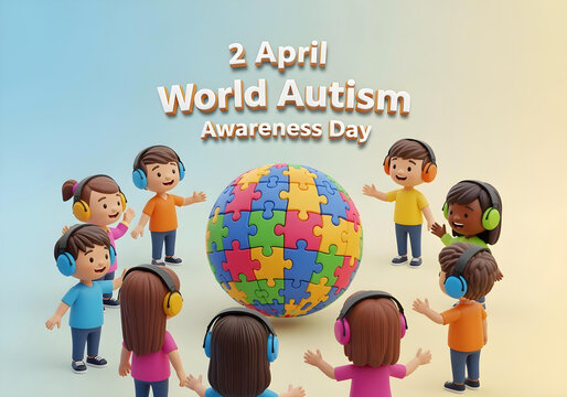 3D puzzle globe with autistic child boys and girls wearing headphones celebrating 2 April world autism awareness day diversity inclusion and neurodiversity - Powered by Adobe