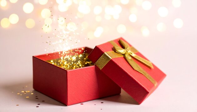 Open red gift box with gold confetti