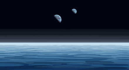 Celestial event featuring two moons over an ocean digital art nighttime tranquil environment surreal concept. Vector illustration