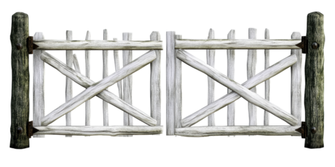 Weathered wooden double farm gate with rustic metal hinges on transparent background