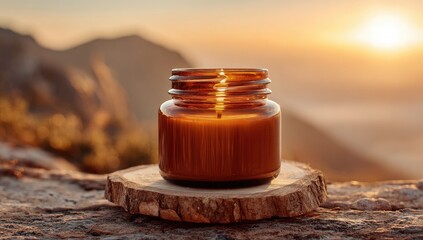 Amber candle jar on wooden slice, sunrise backdrop