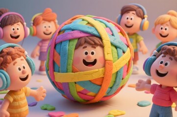 Autistic child boys and girls with headphones around colorful clay ribbon globe promoting autism awareness month inclusion neurodiversity and brain health