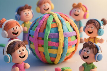 Autistic child boys and girls with headphones around colorful clay ribbon globe promoting autism awareness month inclusion neurodiversity and brain health