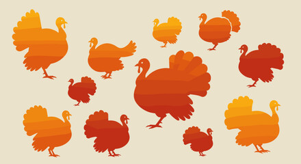 Colorful turkey illustrations thanksgiving celebration digital art festive atmosphere eye-level view holiday concept. Vector illustration