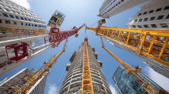 Skyscrapers in the Sky: Soaring high-rise buildings pierce the sky as construction cranes diligently contribute to the city's expanding skyline.