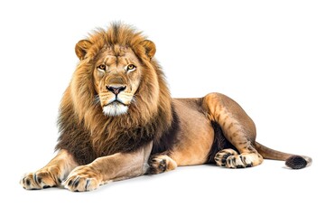 Obraz premium Male adult lion lying down, Panthera leo, isolated on white