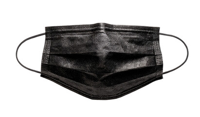 Close-up of a dark gray/black face mask.  It's a single-use, disposable mask with ear loops.  The mask appears somewhat textured, and the dark color absorbs light