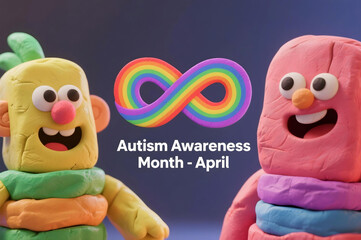 Fototapeta premium Clay rainbow infinity symbol with playful characters for autism awareness month April celebrating neurodiversity brain care and inclusion for autism and ADHD