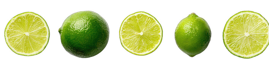 Close-up view of five lime slices,  showing both whole and sliced views.  Vibrant green and bright yellow tones