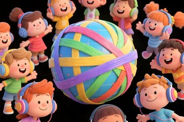 3D ribbon globe with autistic child boys and girls wearing headphones promoting autism awareness month diversity inclusion and global neurodiversity