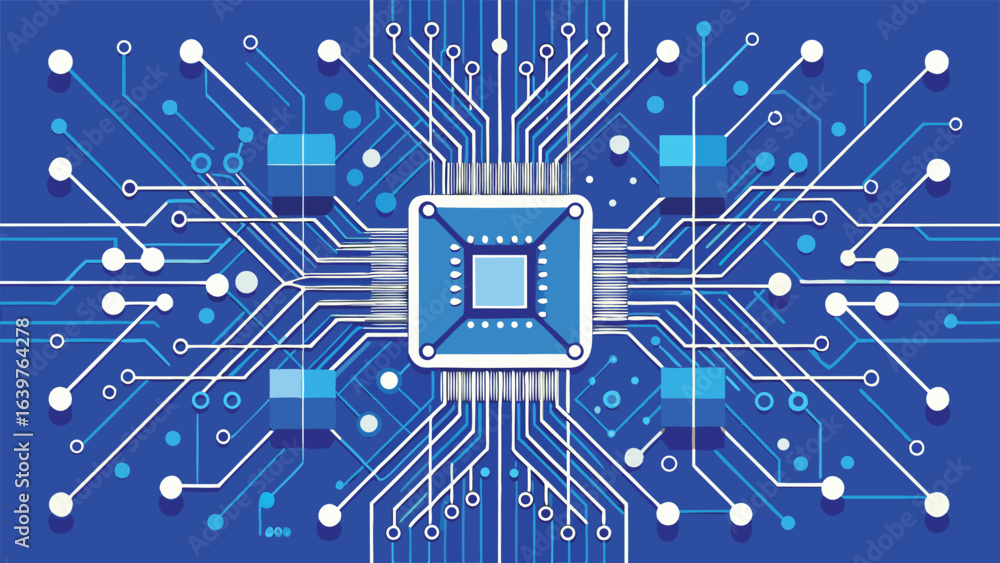 Poster a blue circuit board filled with various electronic components, showcasing intricate pathways and co