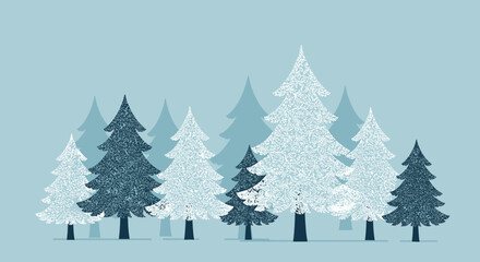 Naklejka premium Winter forest scene with evergreen trees nature digital art cool color palette aesthetic design. Vector illustration
