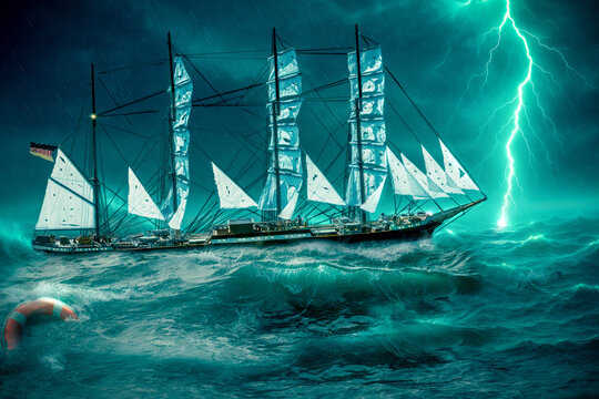 Tall sailing ship in stormy sea with lightning strike
