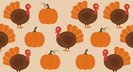 Thanksgiving celebration with turkeys and pumpkins festive pattern digital art warm background playful concept. Vector illustration