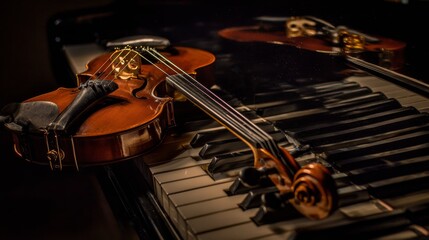 Fototapeta premium Violin Resting on Piano Keys in a Dimly Lit Setting