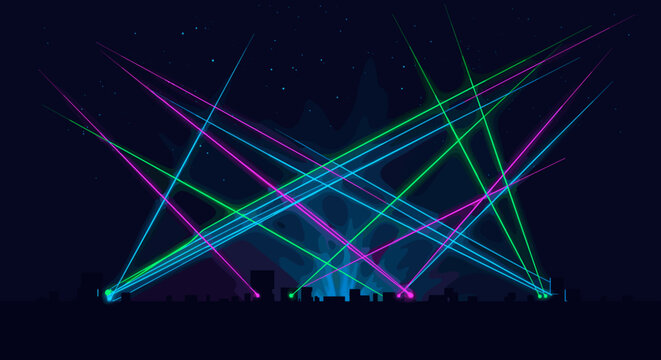 Dynamic laser light show concert venue visual display nighttime audience perspective modern entertainment. Vector illustration