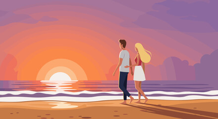 Couple walking on the beach at sunset romantic scene digital illustration coastal setting side view love and connection. Vector illustration