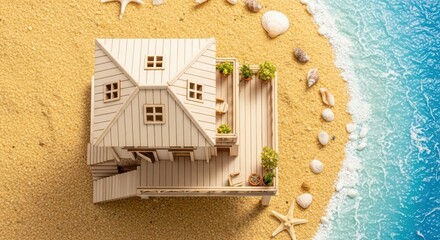 Idyllic Miniature Wooden Beach House on a Sandy Shore with Turquoise Waves
