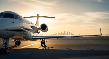 Obraz premium Executive Jet Gleaming in Sunset Light on Tarmac with City Silhouette.