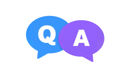 Blue and purple speech bubbles with "Q" and "A" signifying a question and answer session.