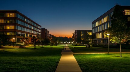 Night scene featuring buildings and a path illuminated by streetlights and sunset glow in the distance