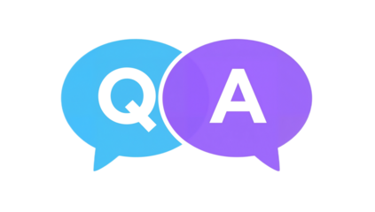 Two overlapping speech bubbles, one blue with "Q" and one purple with "A", symbolizing questions and answers.