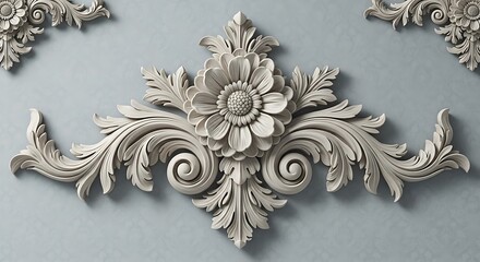 Ornate white floral plaster molding with acanthus leaves on blue wall architectural