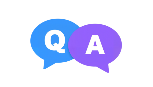 Blue and purple speech bubbles with "Q" and "A" signifying a question and answer session.
