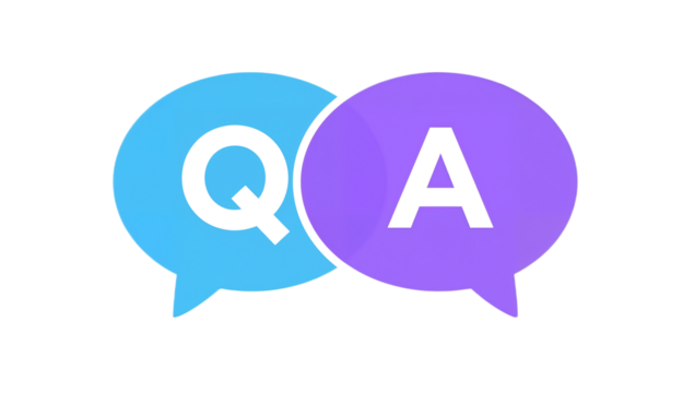 Two overlapping speech bubbles, one blue with "Q" and one purple with "A", symbolizing questions and answers.