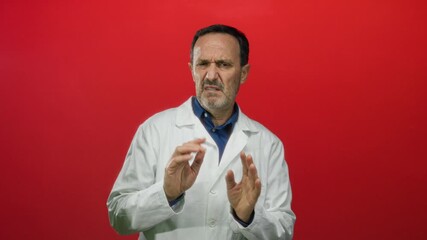 Hispanic man in white coat expressing discomfort against vivid red background, showcasing emotions through facial expressions and gestures, capturing a moment of reluctance. - Powered by Adobe