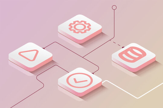 Isometric Workflow Diagram with App Icons, Red Gradient Vector, Business Process Automation