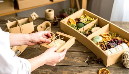 Hands carefully arranging items in kraft paper boxes and a tray.