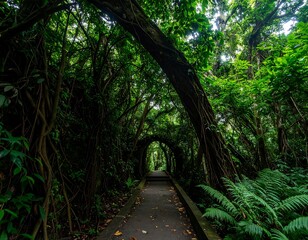 Naklejka premium Lush forest path winding through dense foliage.