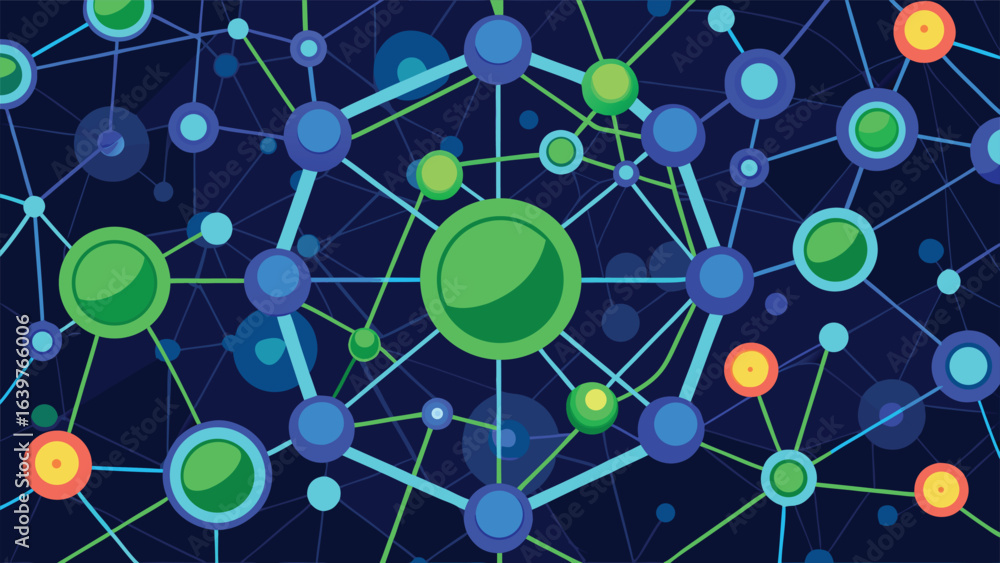 Poster diagram illustrating a network with blue and green dots, symbolizing various nodes and their interco