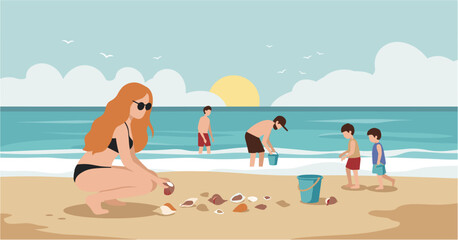 Beachcombing adventure family fun at sunset illustrated scene coastal environment playful viewpoint. Vector illustration